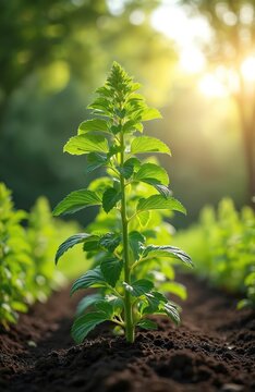 A young lovage plant grows tall in dark soil with sunlight filtering through green leaves. Healthy herb sprouts in a row, its foliage reaching skyward.