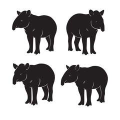 Fototapeta premium Tapir Silhouette Vector Set, Tapir Animal Black and White Illustration, Tapir Silhouette Collection