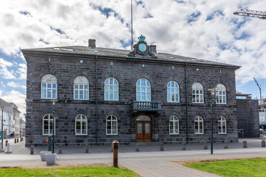 The Althingishus Parliament House building on Austurvollur square in Reykjavik.
