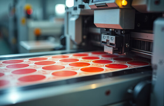 Automated machine prints red circular labels on sheet. Precision device applies adhesive onto material. Modern factory equipment operates, producing custom goods for commercial use.