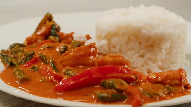 Tamarind red prawn curry cooking, shrimps in tomato ginger sauce, asian kitchen, Chinese restaurant.