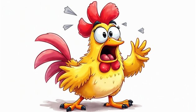 Shocked cartoon chicken with mouth open wide. Yellow bird has big eyes and red comb. Panicked fowl with flapping wings gestures surprise. Whimsical poultry character isolated on white.