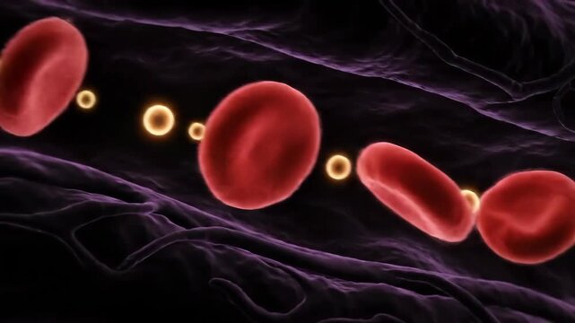 Microscopic view of red blood cells carrying oxygen through a capillary