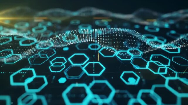 Abstract Digital Hexagon Grid with Wavy Particle Field Representing Data Flow and Network Connections.
