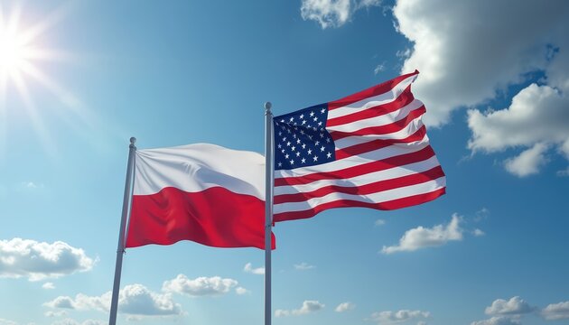 Polish and American flags wave together on poles against a blue sky with sun and clouds. Symbolizes strong bilateral relations and partnership between two nations.
