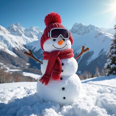 Obraz premium Joyful snowman wears red scarf hat goggles on snowy mountain slope. Winter sun shines bright behind him on clear day. He looks ready for fun ski adventure.