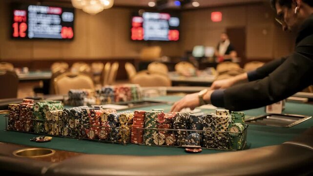 Medium shot of a poker room showing rows of tables with neatly stacked chip racks and digital clock displays blurred in the background highlighting tournament preparation.