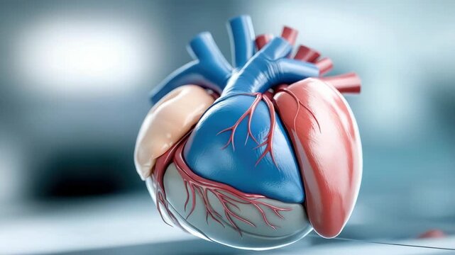 Anatomically correct human heart rotating and showing its cardiovascular system, coronary arteries, and veins for medical education, cardiology research, and healthcare visuals