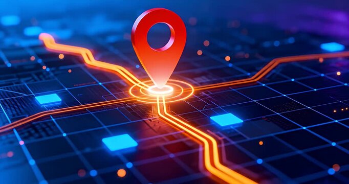 A glowing red location pin marking a central point on an intricate digital map or circuit board with illuminated orange pathways and blue data nodes.
