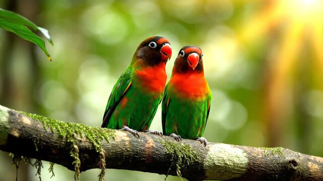 A Pair of Vibrant Lovebirds Perched Together on a Mossy Branch in a Sunlit Forest