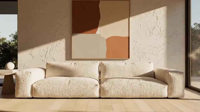 A textured cream sofa in a sun-drenched modern living room with abstract wall art and natural light.