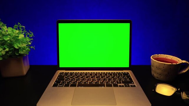 Modern laptop with a vibrant green screen on a desk with a plant and a drink