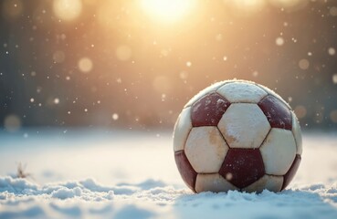 Fototapeta premium Soccer ball rests on snow covered field. Winter game season starts with cold weather and snowfall. Outdoor sport activity is ready for match.