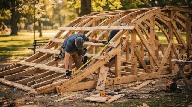 Wooden halfpipe framework being built at a parkside location crew measuring and aligning planks the wood grain and tools in focus trees and greenery blurred.