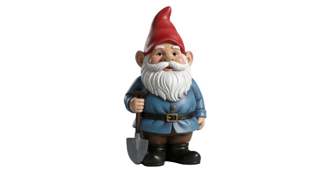 Garden gnome with a shovel, smiling