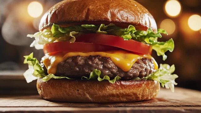 A classic cheeseburger with melted cheese, fresh lettuce, and ripe tomato stacked high on a toasted bun, presented on a wooden board with a blurred background of restaurant lights.