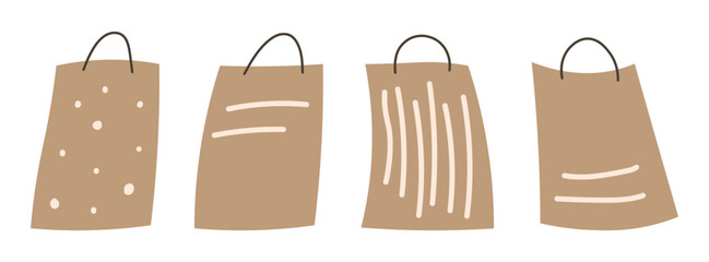 set of shopping bags brown craft paper colors. random forms  vertical packages. ECO recycling packages for sale and illustrations	
