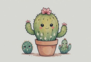 Naklejka premium Charming cactus in soft pastel colors on a white background