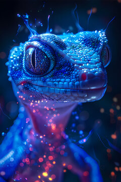 Gecko Lizard with Electric Blue Glowing Suction Pads and Sparks on Black Background
