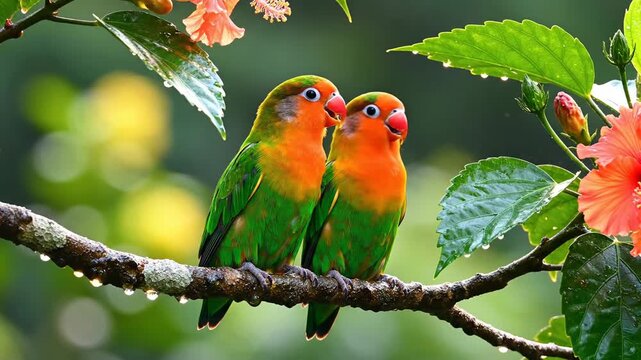 Two colorful lovebirds sharing an intimate moment on a dew-kissed rainforest branch surrounded by vibrant blossoms