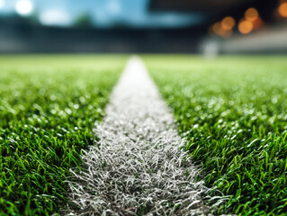 Vibrant green soccer field with bright white painted line under stadium lights during evening match preparation