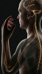 3D human anatomy and organ systems, side profile with brain and peripheral nerves
