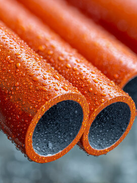 Detailed view of moisture-covered bright orange hollow pipes arranged parallel under natural lighting with blurred background for industrial concept