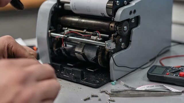 Close shot of a ticket dispenser mechanism under repair at a cashout station sharp focus on the printer and technicians tools surrounding area blurred.