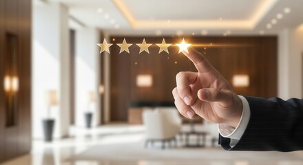 Businessman hand choosing five star rating in luxury hotel lobby background. Concept of premium hospitality service, customer satisfaction, and excellence in tourism. High quality evaluation.