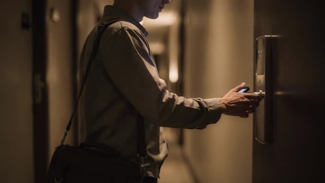 Traveler tapping mobile room key on phone to unlock door in dim hotel corridor with softly blurred hallway lights creating ambiance.