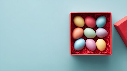 an open red gift box filled with colorful easter egg on light blue background,