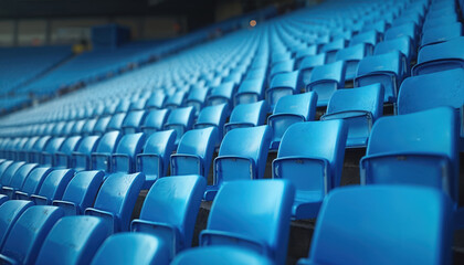 Rows of empty blue stadium seats stretch into distance. Auditorium stands are vacant, awaiting spectators for sports game or concert event. Public seating in arena is clean and neat.