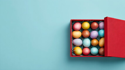an open red gift box filled with colorful easter egg on light blue background,