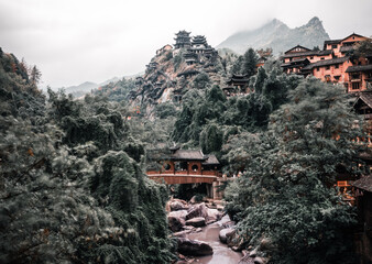 China, Wangxian Valley bridge over the river