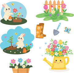 Cute Bunny Gardening with Flowers