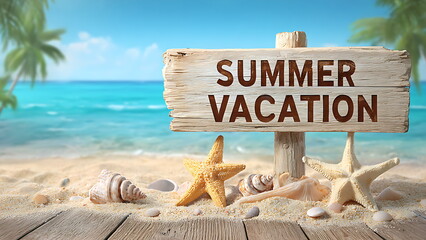 a summer tropical beach with wooden sign reading a "SUMMER VACATION"