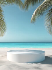 white cylindrical podium on soft pastel sand, with a serene tropical beach in the background