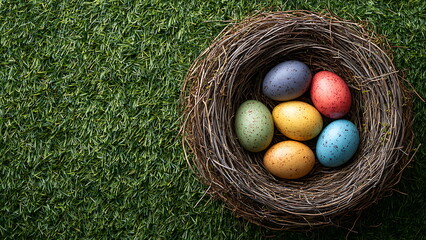 a bird nest filled with colorful easter egg