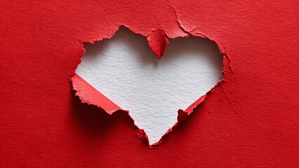 Red paper with a heart-shaped hole torn out of white paper