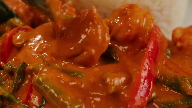 Tamarind red prawn curry cooking, shrimps in tomato ginger sauce, asian kitchen, Chinese restaurant.
