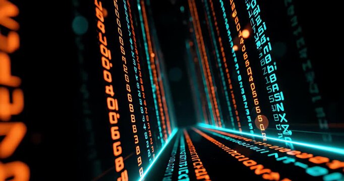 Abstract digital data stream with glowing binary code and alphanumeric characters flowing through a dark virtual space.