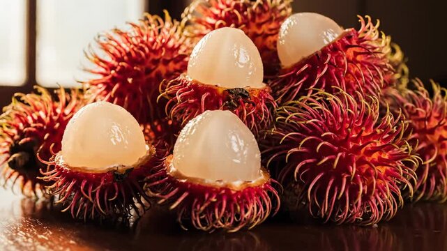 A vibrant pile of fresh peeled rambutan fruits with their sweet juicy flesh exposed, showcasing exotic tropical flavors.