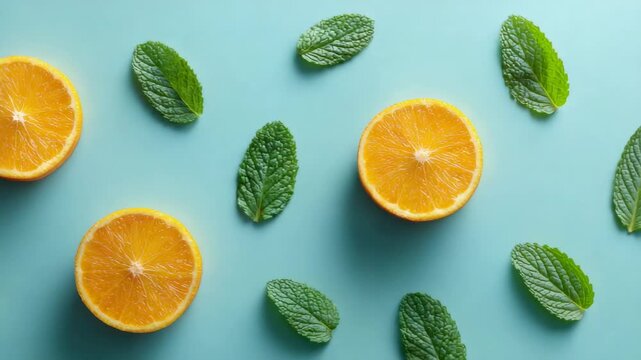 Vibrant turquoise surface framing ripe orange slices and fresh mint leaves creating geometric rotating pattern, highlighting natural food photography with minimalist styling