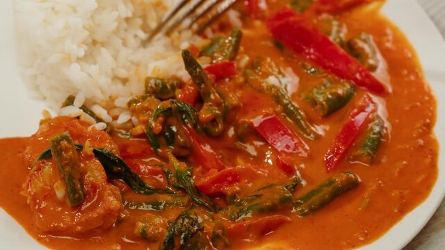 Tamarind red prawn curry cooking, shrimps in tomato ginger sauce, asian kitchen, Chinese restaurant.