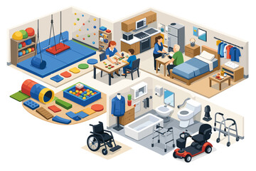Obraz premium Isometric illustration of a rehabilitation center with therapy rooms and patient care areas