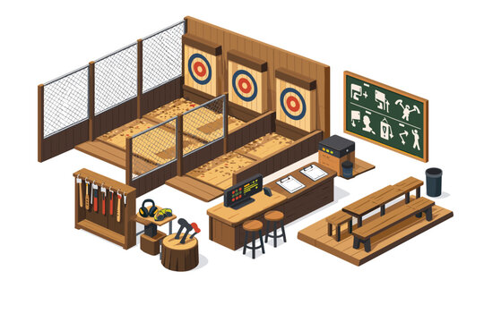 Isometric axe throwing venue with targets, axes, and seating area