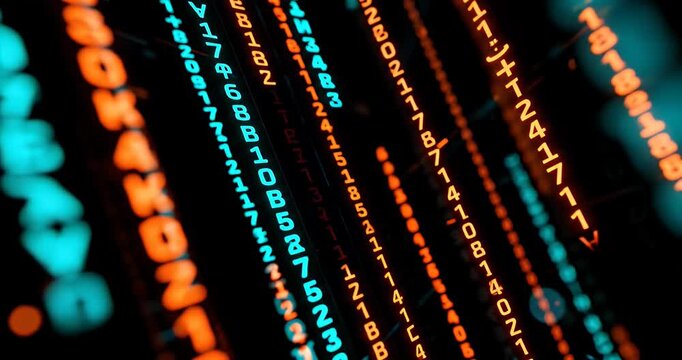 Abstract digital data stream with glowing orange and blue characters on a dark background, representing technology and information flow.