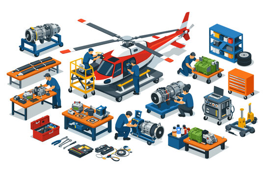 Helicopter maintenance and repair with mechanics working on engines and parts