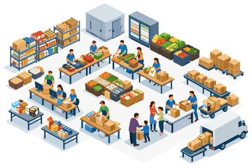 Obraz premium Isometric illustration of a busy warehouse and distribution center with people working