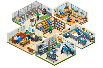 Obraz premium Isometric view of a veterinary clinic with multiple rooms and services for pets